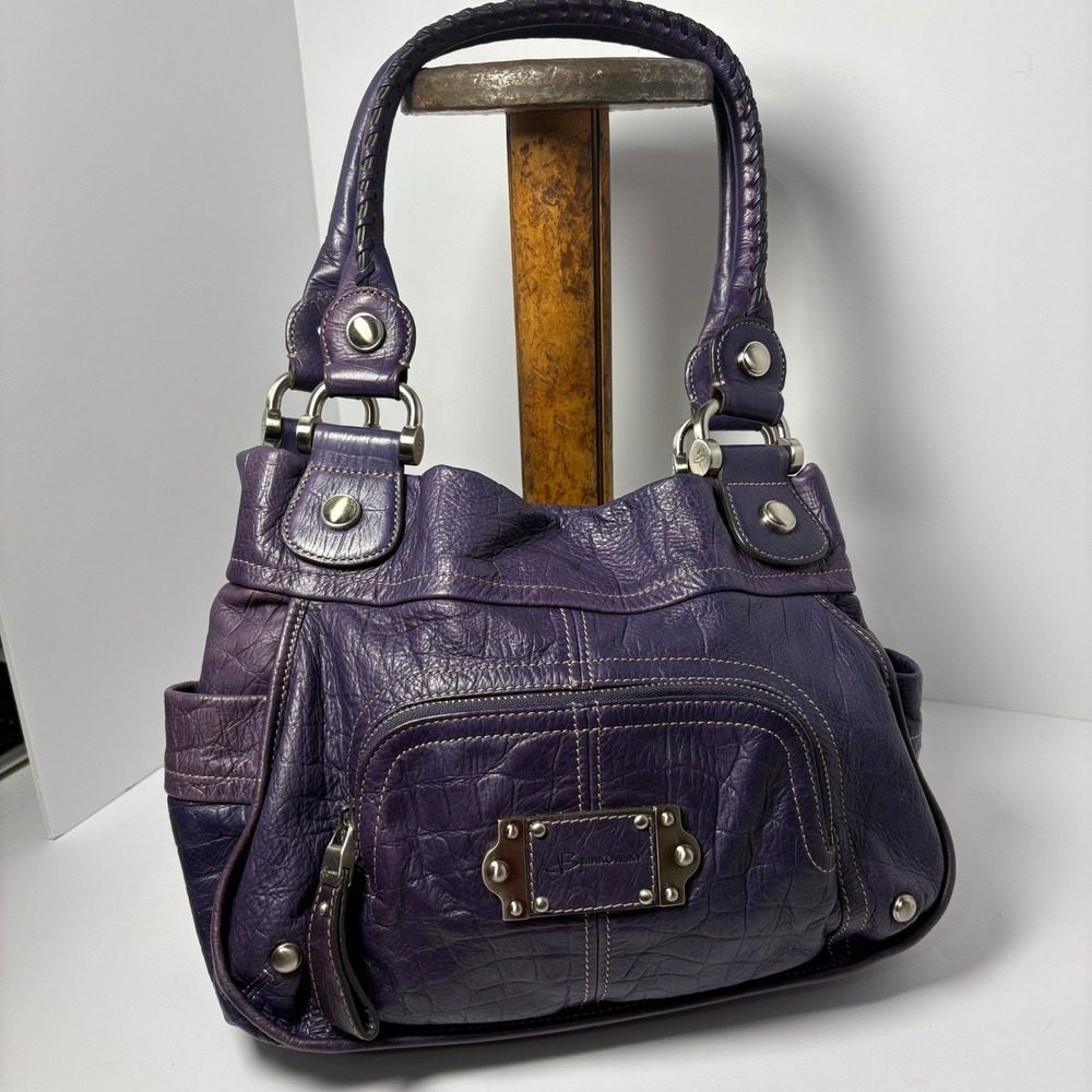 B. Makowsky Purple Leather Shoulder Bag Leopard Lining Braided Strap Hobo Y2K